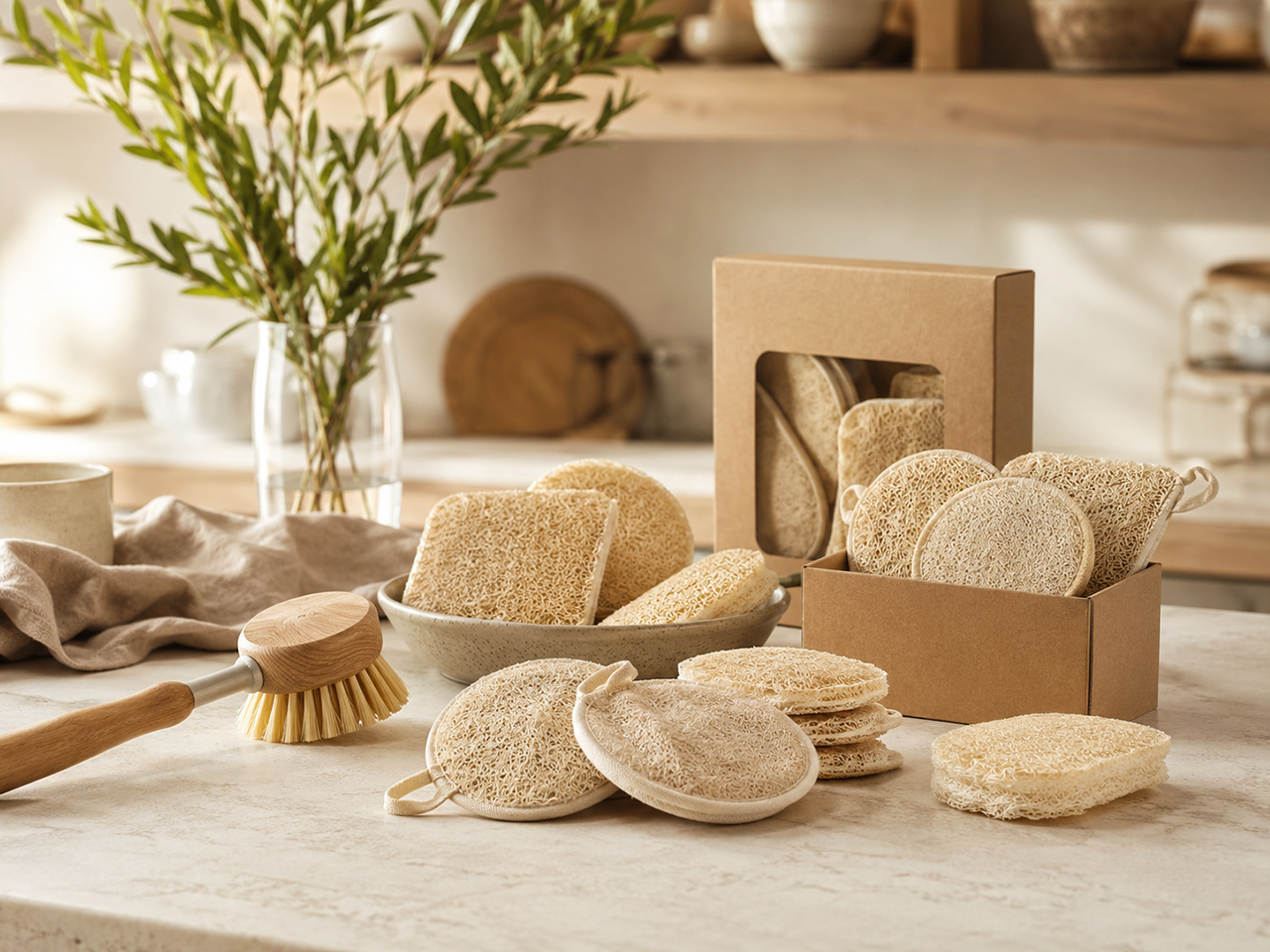 Natural loofah cleaning products in a premium kitchen lifestyle setting