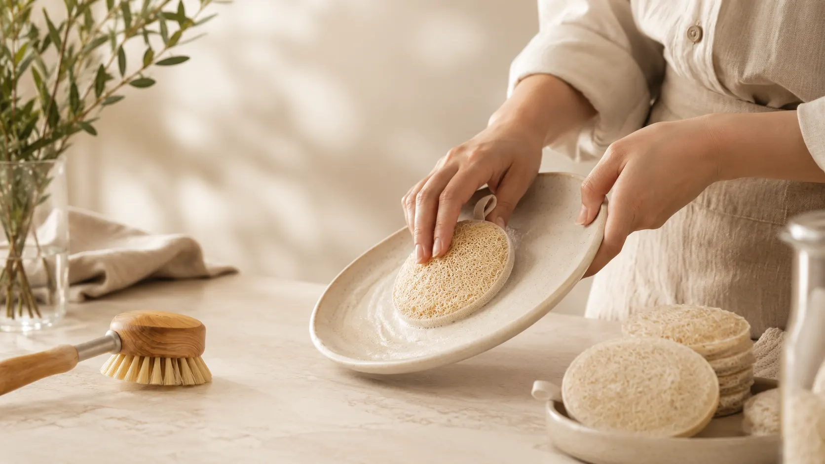 Video thumbnail showing loofah dish scrubber in use